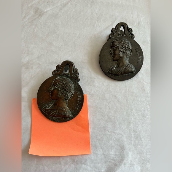 Vintage Two Delphi Greek Goddess Brass Doublesided Working Paperclip Paperweight - Picture 1 of 7